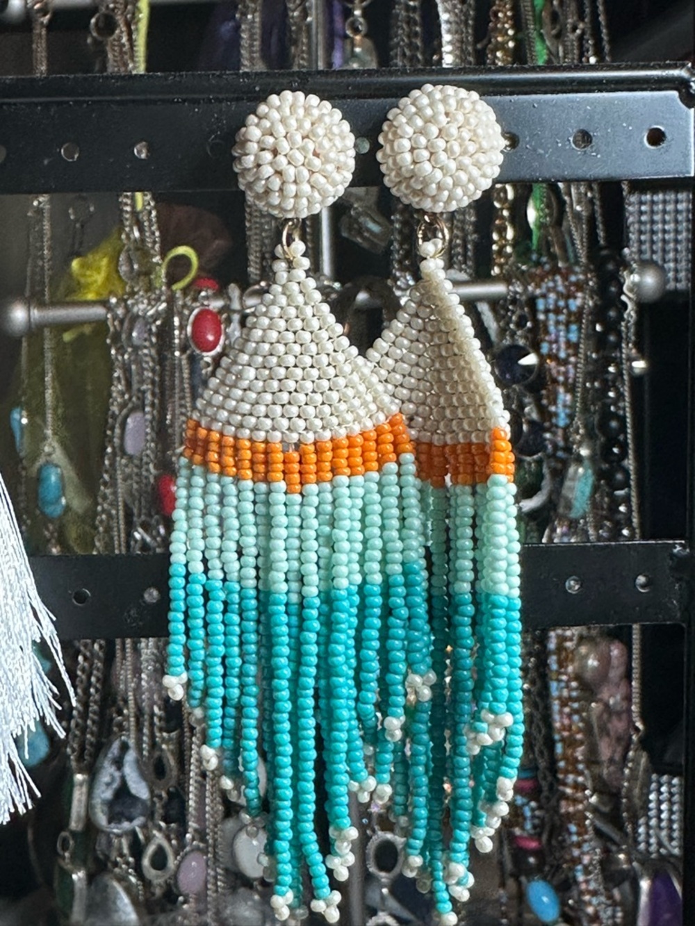 Beaded Fringe Dangle Earrings in Mint, Turquoise & Orange